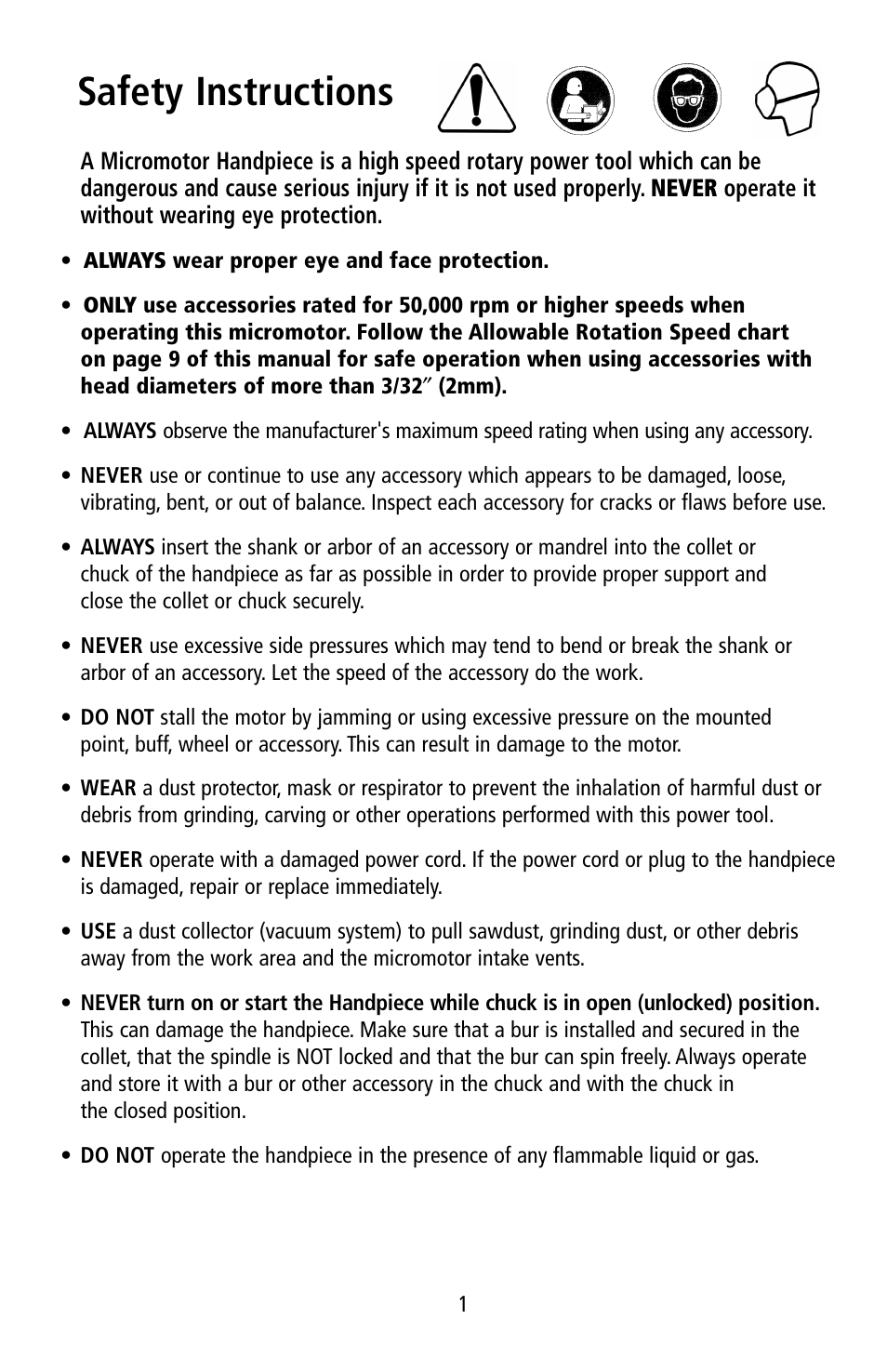 Safety instructions | Foredom K.1050 User Manual | Page 2 / 12