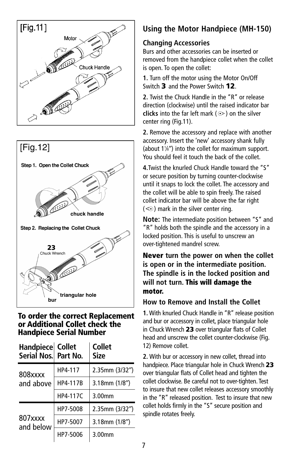 Fig.12, Using the motor handpiece (mh-150), Collet | Collet part no. size | Foredom K.1050 User Manual | Page 8 / 12