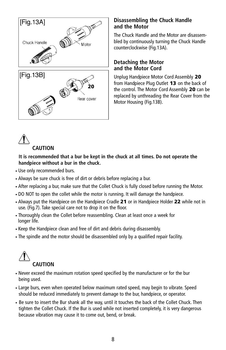 Caution, Disassembling the chuck handle and the motor, Detaching the motor and the motor cord | Foredom K.1050 User Manual | Page 9 / 12