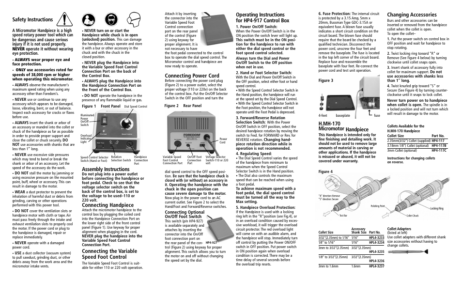 Connecting power cord, Assembly instructions, Connecting handpiece | Connecting the variable speed foot control, Operating instructions for hp4-917 control box, Safety instructions, H.mh-170 micromotor handpiece, Changing accessories | Foredom K.1070 User Manual | Page 2 / 2