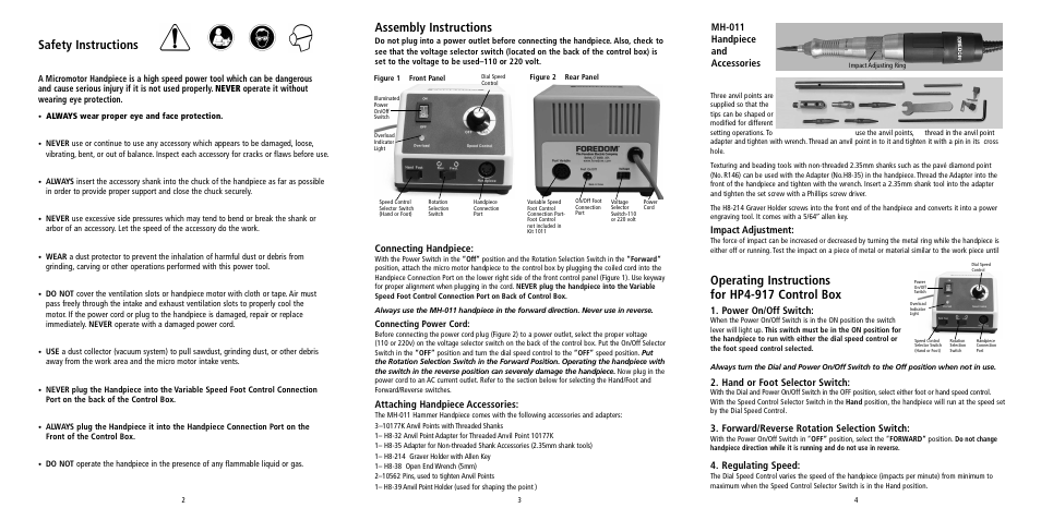 Safety instructions, Assembly instructions, Operating instructions for hp4-917 control box | Connecting handpiece, Attaching handpiece accessories, Power on/off switch, Hand or foot selector switch, Forward/reverse rotation selection switch, Regulating speed, Impact adjustment | Foredom K.1070 User Manual | Page 2 / 2