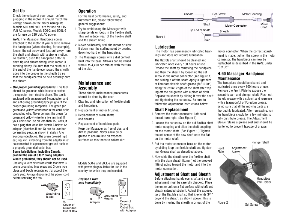 Maintenance and assembly, Operation, Lubrication | Shaft replacement, Adjustment of shaft and sheath, Set up, H.60 massager handpiece maintenance | Foredom K.500 User Manual | Page 2 / 2