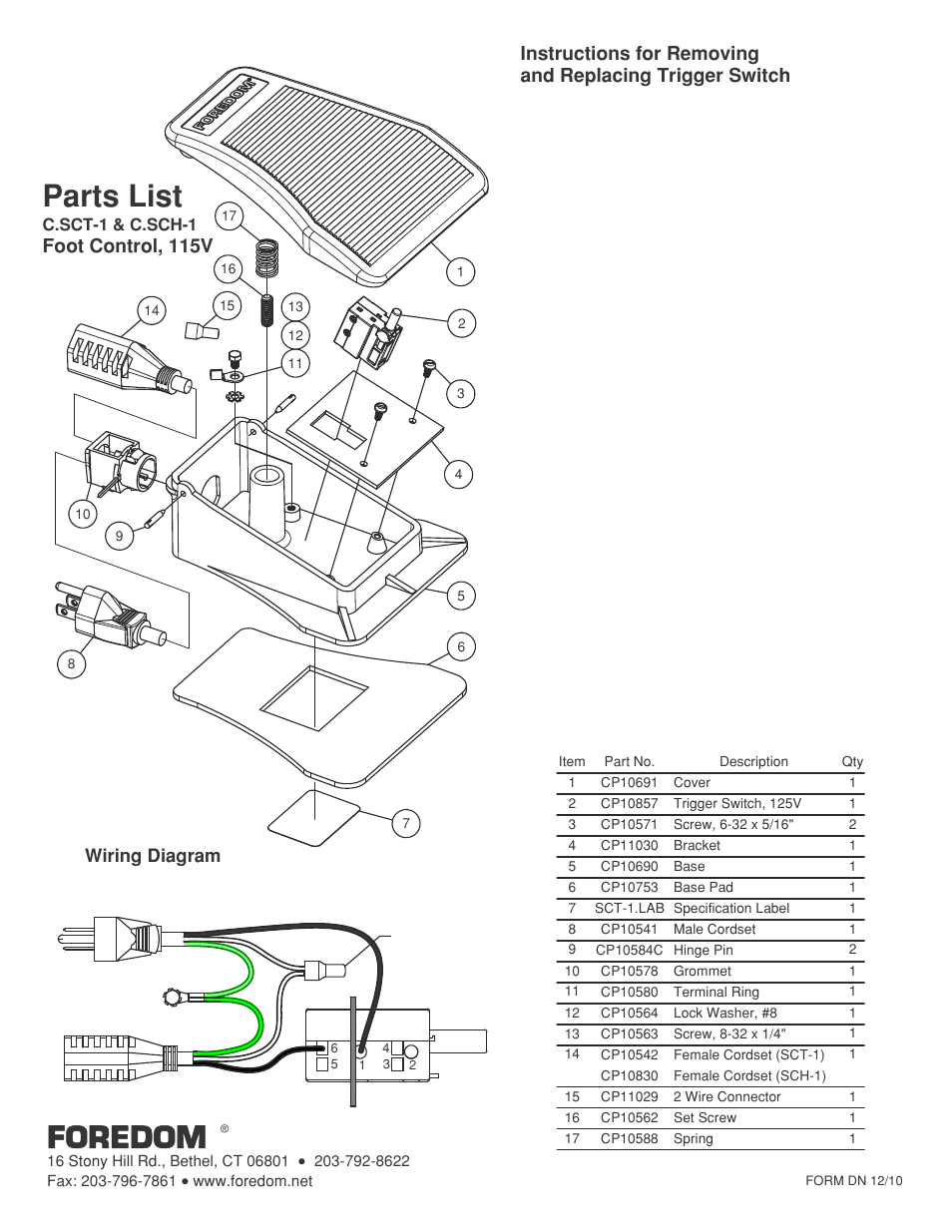 Parts list, Foredom, Foot control, 115v | Wiring diagram | Foredom SCH-1 User Manual | Page 2 / 2