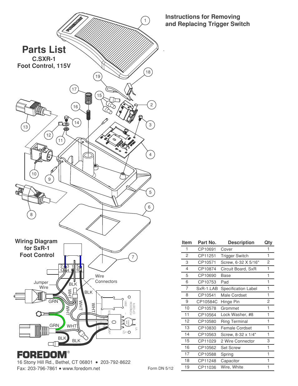 Parts list, sxr-1, Parts list, Foredom | C.sxr−1 foot control, 115v, Wiring diagram for sxr−1 foot control | Foredom C.TXR-1 User Manual | Page 2 / 2