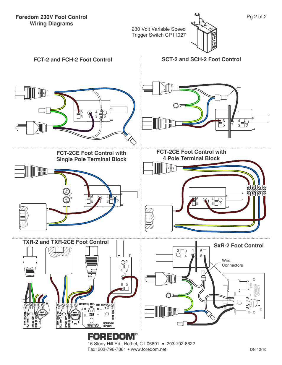 Foredom, Sxr−2 foot control, Txr−2 and txr−2ce foot control | Fct−2ce foot control with 4 pole terminal block, Fct−2 and fch−2 foot control | Foredom C.SXR-2 User Manual | Page 2 / 2