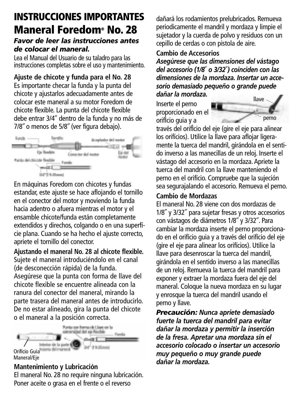 Maneral foredom, No. 28, Instrucciones importantes | Foredom H.28 User Manual | Page 2 / 2