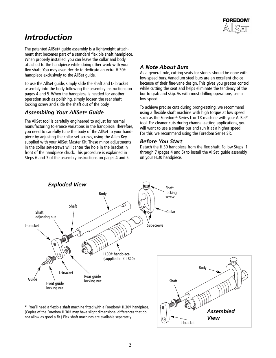 Introduction, Assembling your allset, Guide | Before you start, Exploded view assembled view | Foredom Master Stone-Setting Kit User Manual | Page 3 / 12