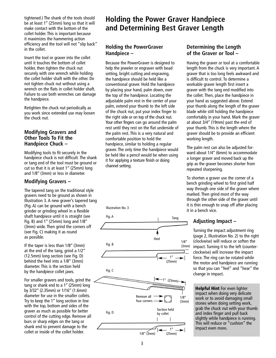 Modifying gravers, Holding the powergraver handpiece, Determining the length of the graver or tool | Adjusting impact | Foredom Safety Instructions for Using User Manual | Page 3 / 8