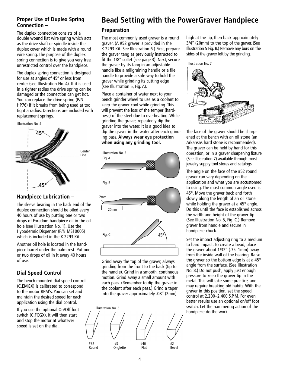 Bead setting with the powergraver handpiece, Proper use of duplex spring connection, Handpiece lubrication | Dial speed control, Preparation | Foredom Safety Instructions for Using User Manual | Page 4 / 8