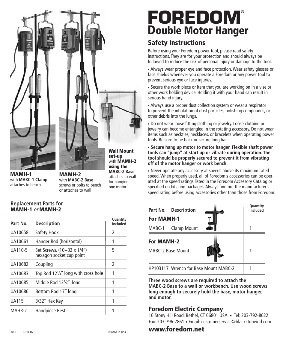 Foredom Double Motor Hanger User Manual | 2 pages