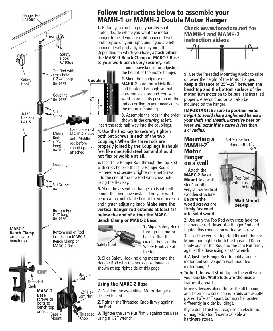 Mounting a mamh-2 motor hanger on a wall | Foredom Double Motor Hanger User Manual | Page 2 / 2