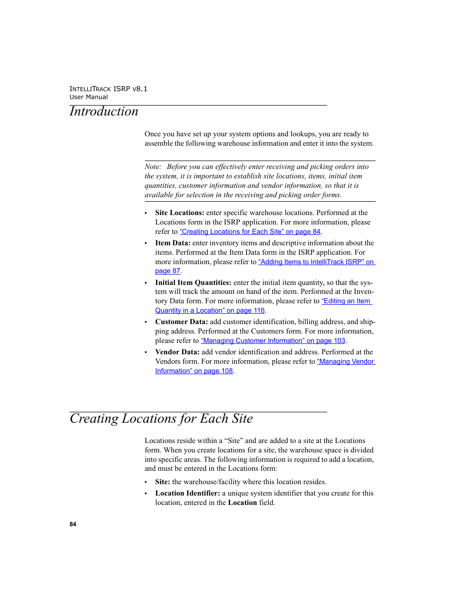 Introduction, Creating locations for each site, Introduction creating locations for each site | Creating loca | IntelliTrack Inventory Shipping Receiving Picking (ISRP) User Manual | Page 112 / 398