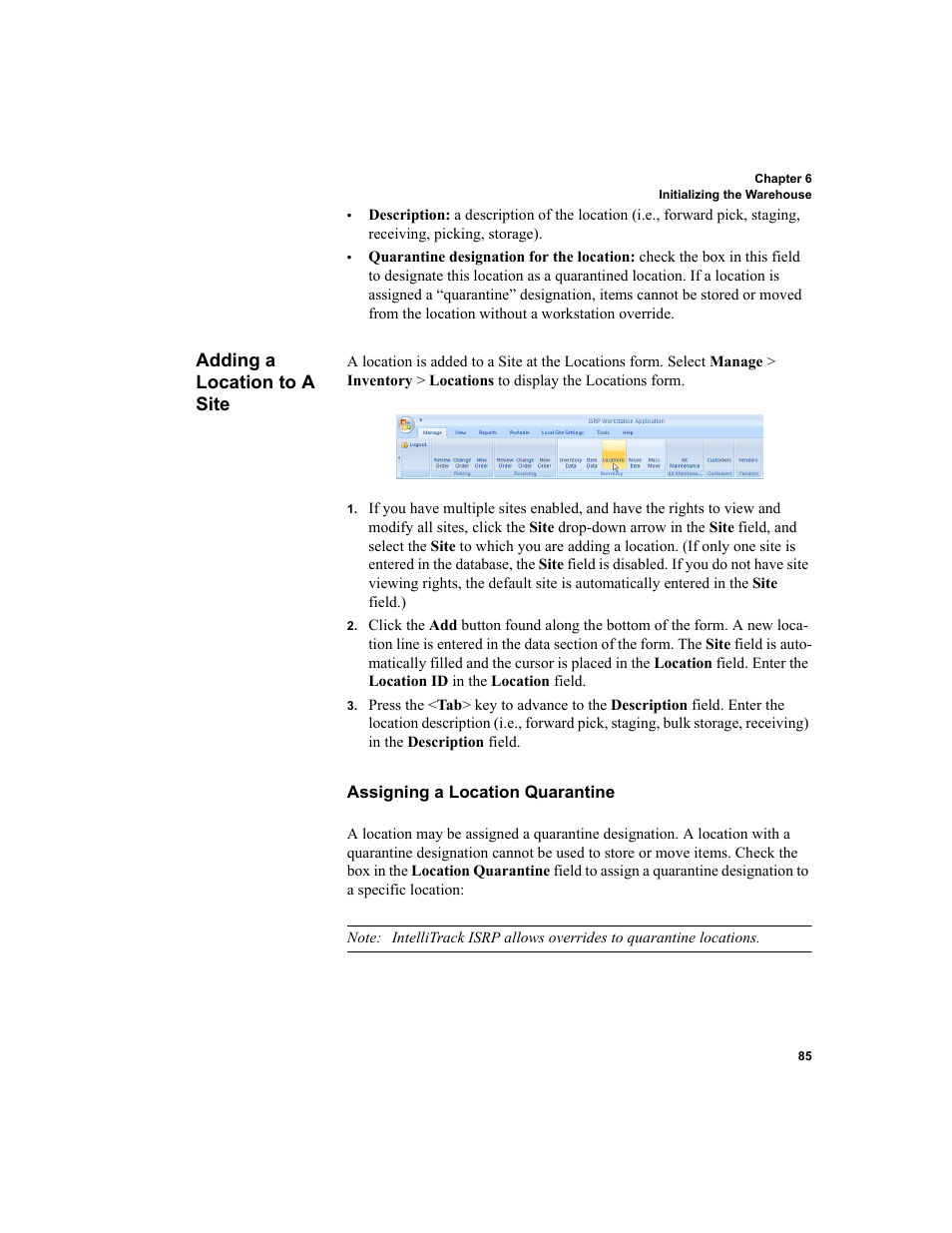 Adding a location to a site, Assigning a location quarantine | IntelliTrack Inventory Shipping Receiving Picking (ISRP) User Manual | Page 113 / 398