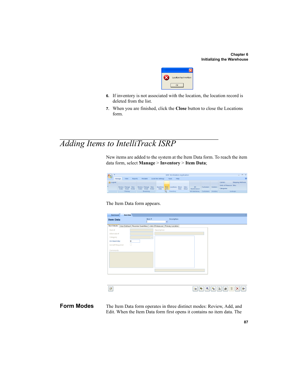 Adding items to intellitrack isrp, Form modes, Adding items to intellitrack | Adding items to intellitrack isrp” on | IntelliTrack Inventory Shipping Receiving Picking (ISRP) User Manual | Page 115 / 398