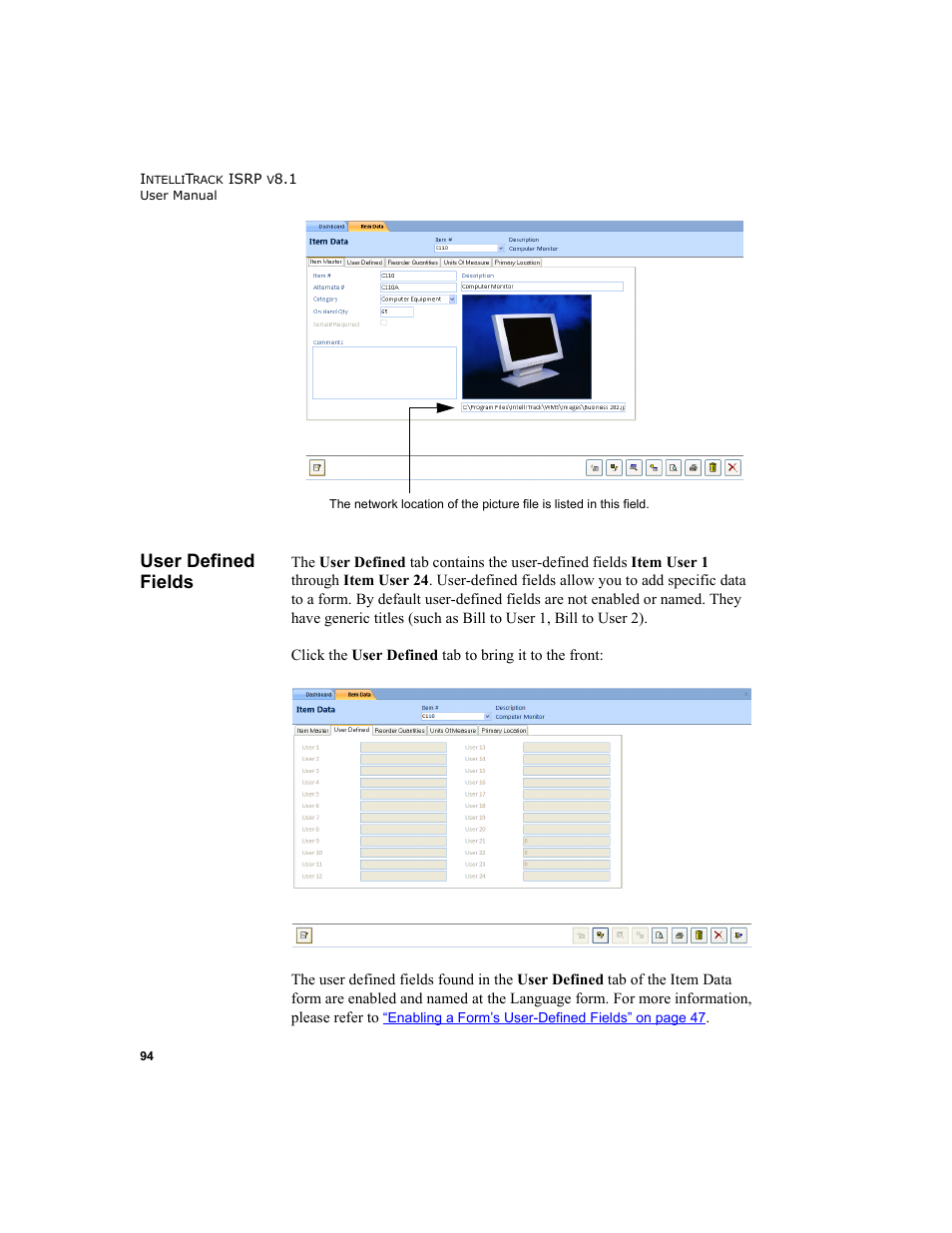 User defined fields | IntelliTrack Inventory Shipping Receiving Picking (ISRP) User Manual | Page 122 / 398