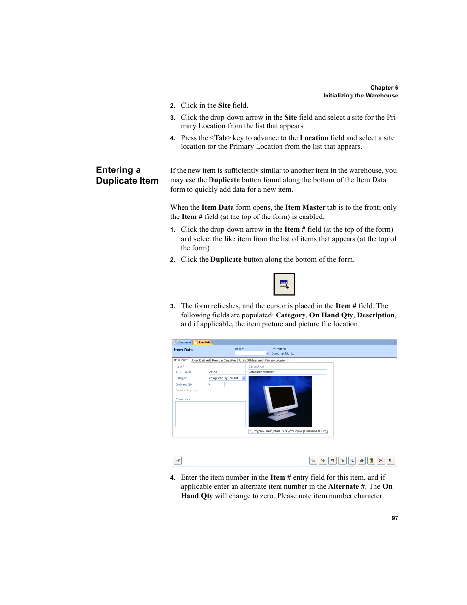 Entering a duplicate item | IntelliTrack Inventory Shipping Receiving Picking (ISRP) User Manual | Page 125 / 398
