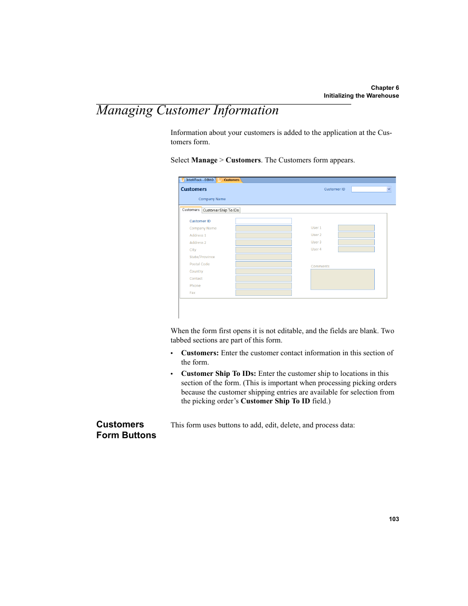 Managing customer information, Customers form buttons, R to | IntelliTrack Inventory Shipping Receiving Picking (ISRP) User Manual | Page 131 / 398