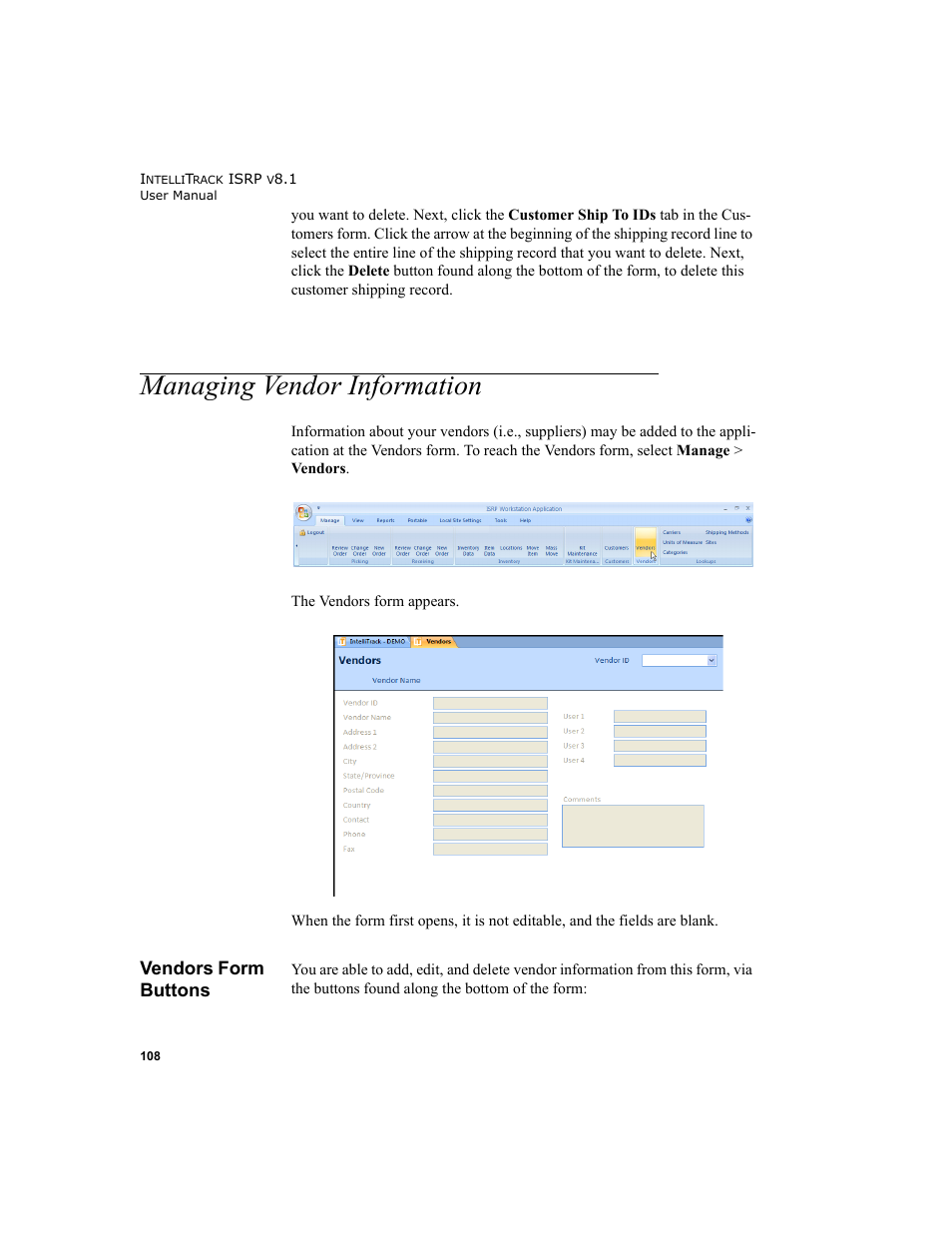 Managing vendor information, Vendors form buttons, Managing vendor | IntelliTrack Inventory Shipping Receiving Picking (ISRP) User Manual | Page 136 / 398
