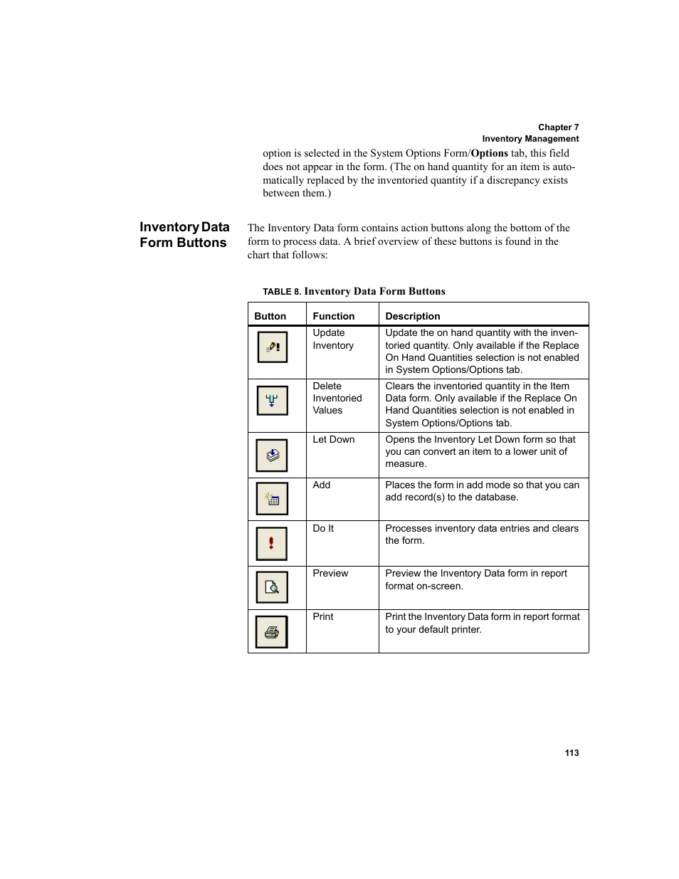 Inventory data form buttons | IntelliTrack Inventory Shipping Receiving Picking (ISRP) User Manual | Page 141 / 398