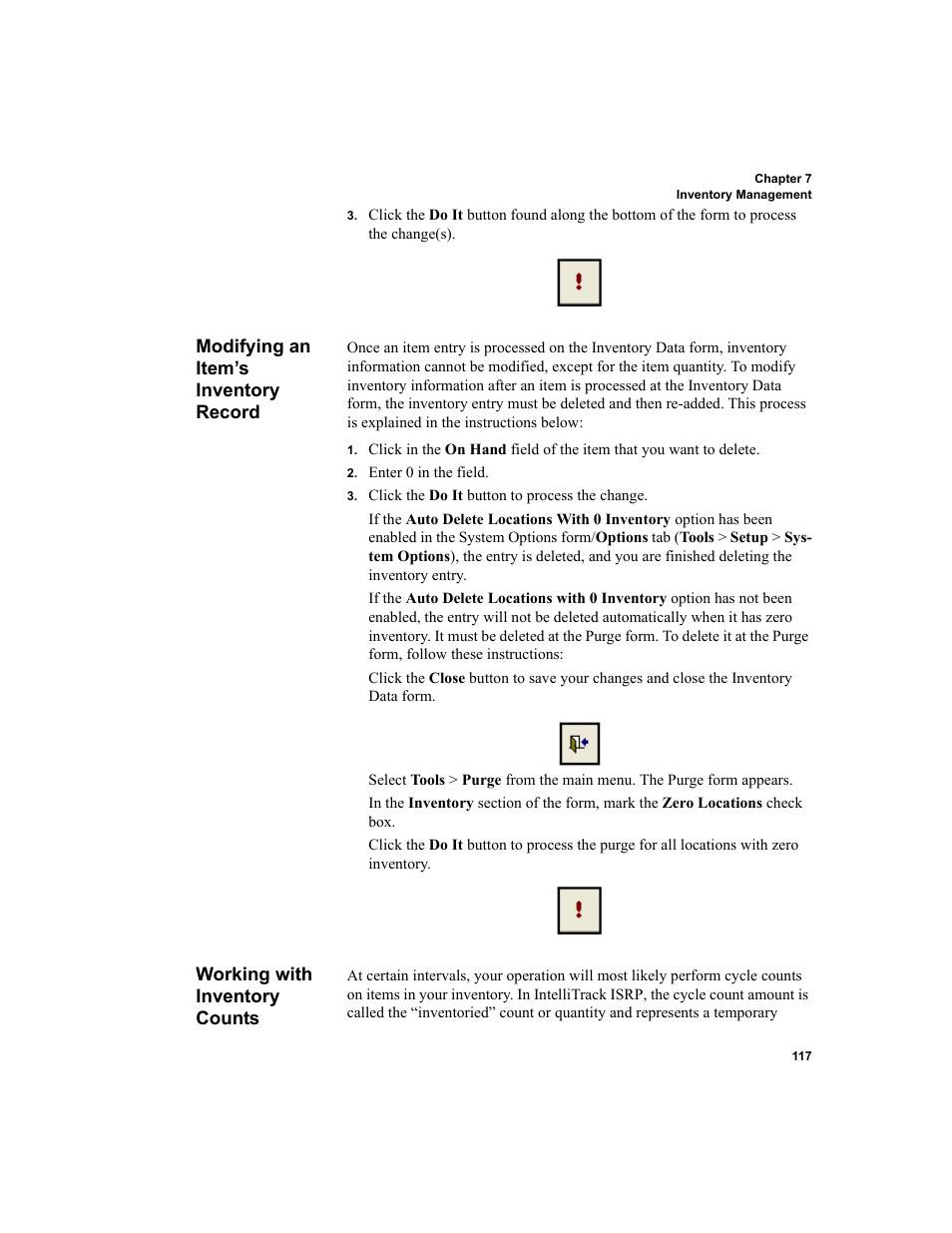 Modifying an item’s inventory record, Working with inventory counts | IntelliTrack Inventory Shipping Receiving Picking (ISRP) User Manual | Page 145 / 398