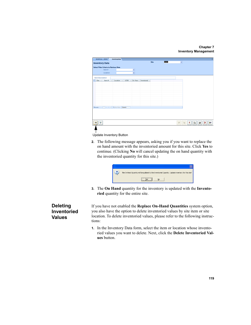 Deleting inventoried values | IntelliTrack Inventory Shipping Receiving Picking (ISRP) User Manual | Page 147 / 398