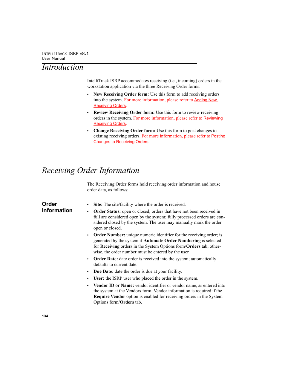 Introduction, Receiving order information, Order information | Introduction receiving order information | IntelliTrack Inventory Shipping Receiving Picking (ISRP) User Manual | Page 162 / 398