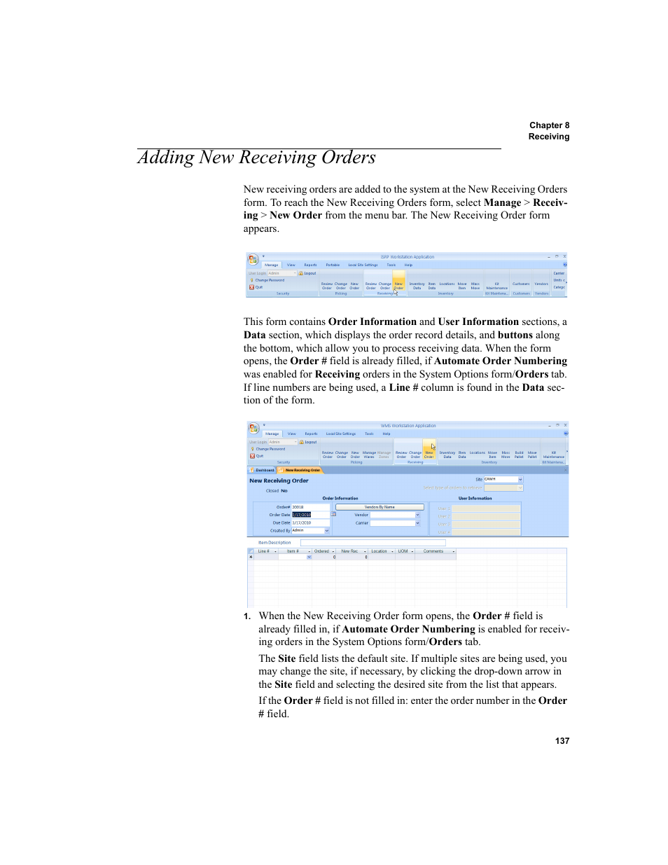 Adding new receiving orders, R to, Adding new | Receiving orders | IntelliTrack Inventory Shipping Receiving Picking (ISRP) User Manual | Page 165 / 398
