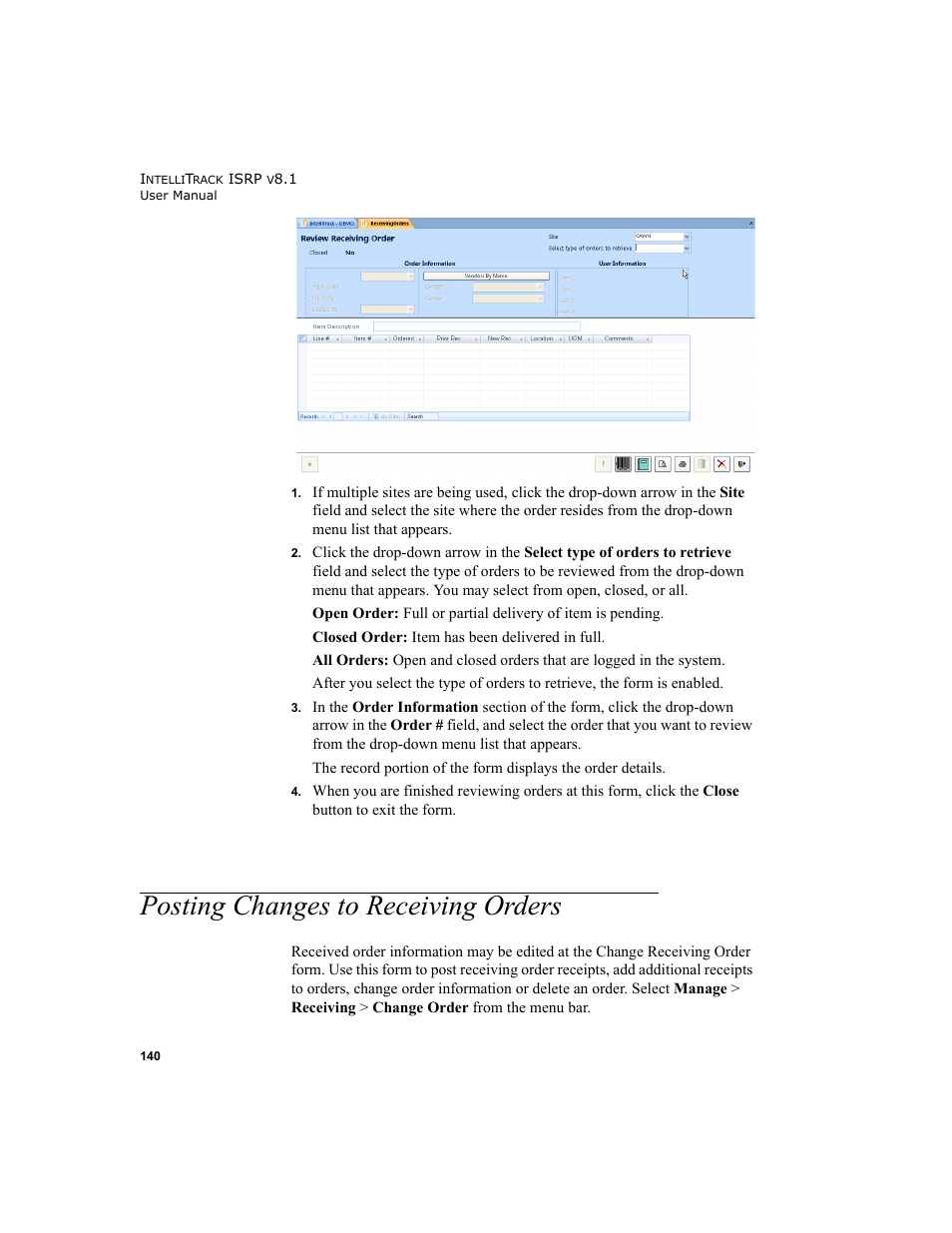 Posting changes to receiving orders, R to, Posting | Changes to receiving orders | IntelliTrack Inventory Shipping Receiving Picking (ISRP) User Manual | Page 168 / 398