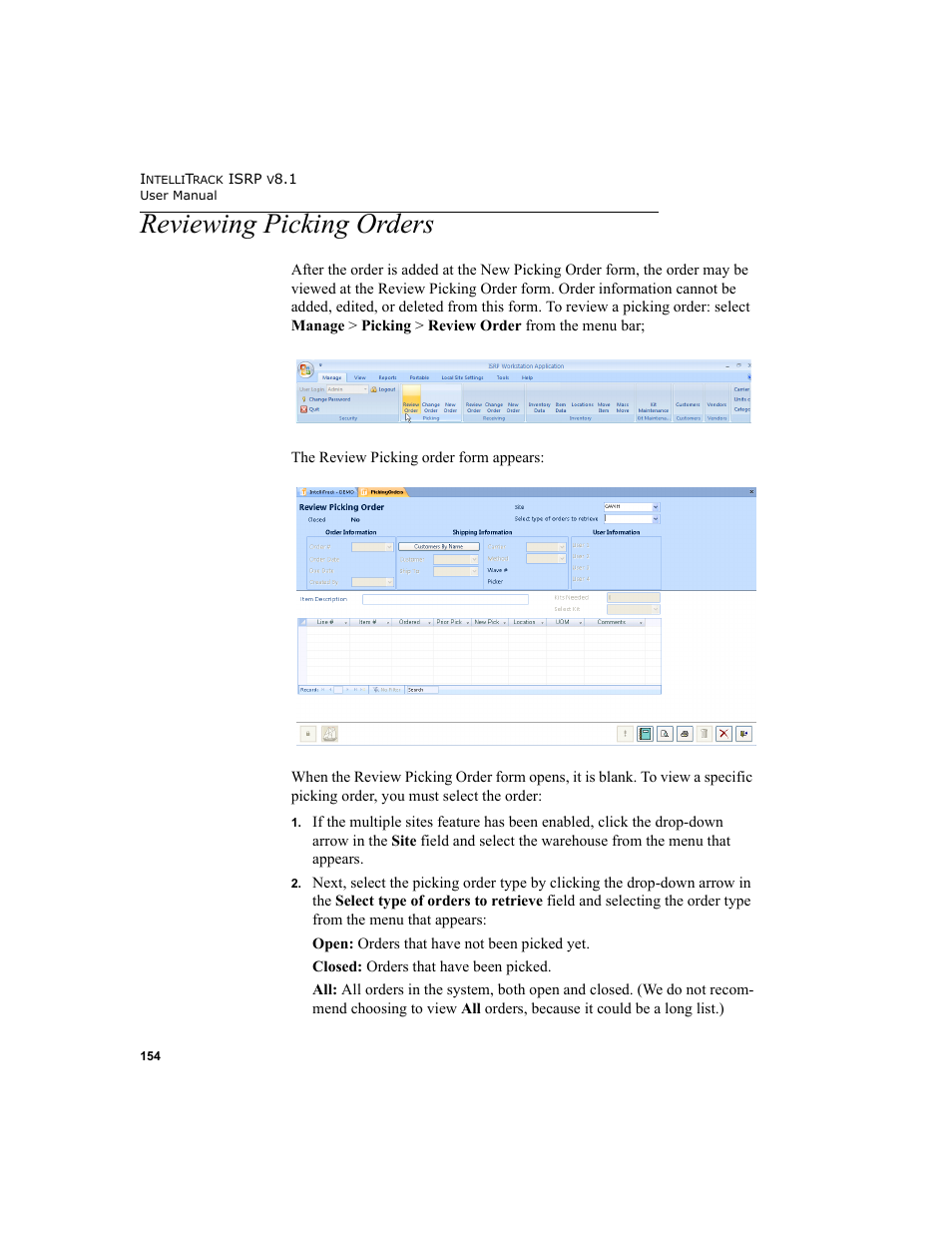Reviewing picking orders, R to, Reviewing picking | Orders | IntelliTrack Inventory Shipping Receiving Picking (ISRP) User Manual | Page 182 / 398