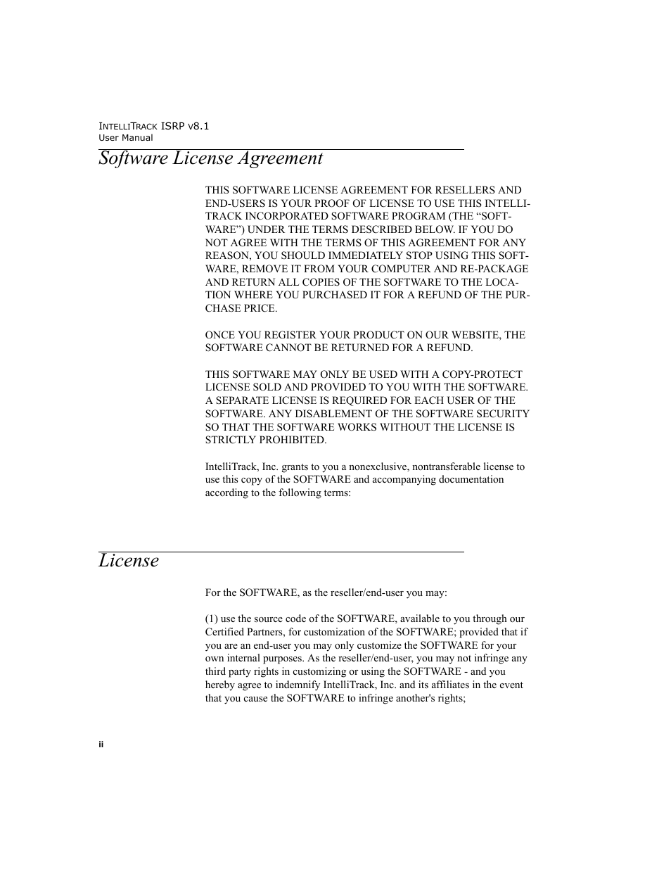 Software license agreement, License | IntelliTrack Inventory Shipping Receiving Picking (ISRP) User Manual | Page 2 / 398
