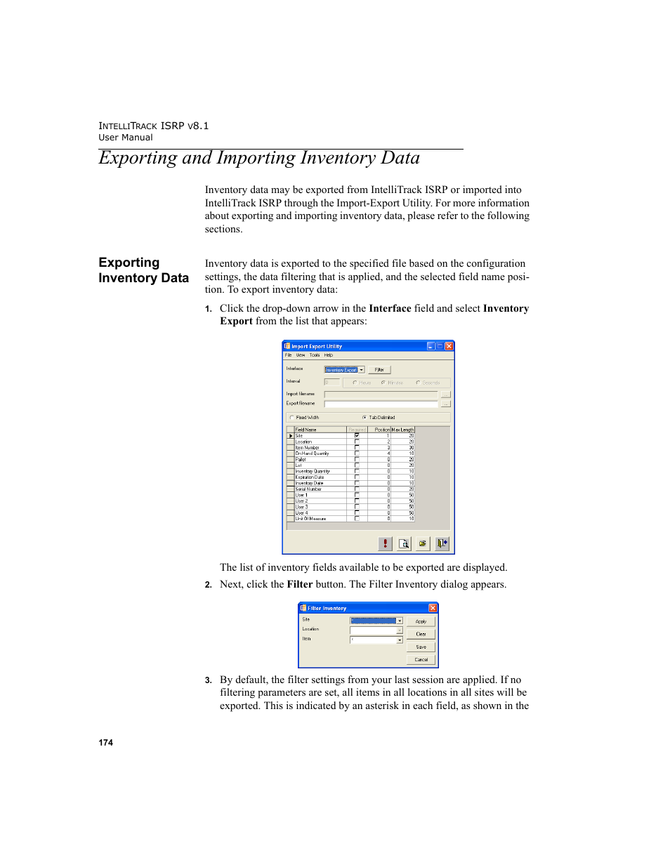 Exporting and importing inventory data, Exporting inventory data | IntelliTrack Inventory Shipping Receiving Picking (ISRP) User Manual | Page 202 / 398