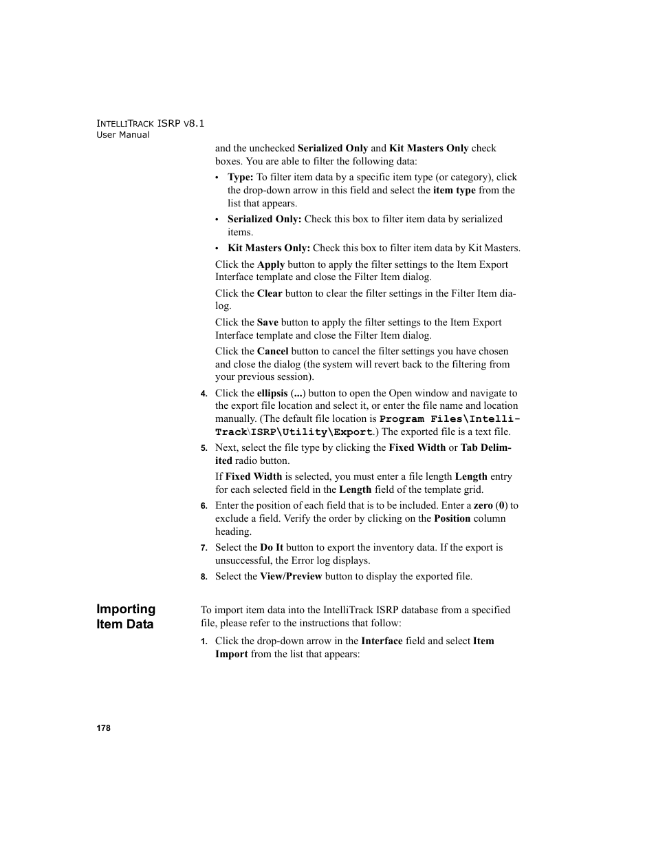 Importing item data | IntelliTrack Inventory Shipping Receiving Picking (ISRP) User Manual | Page 206 / 398