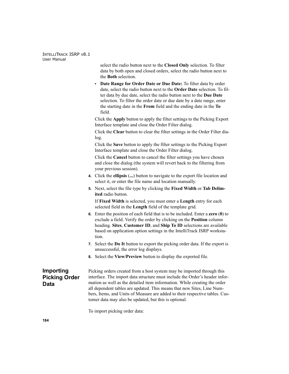 Importing picking order data | IntelliTrack Inventory Shipping Receiving Picking (ISRP) User Manual | Page 212 / 398