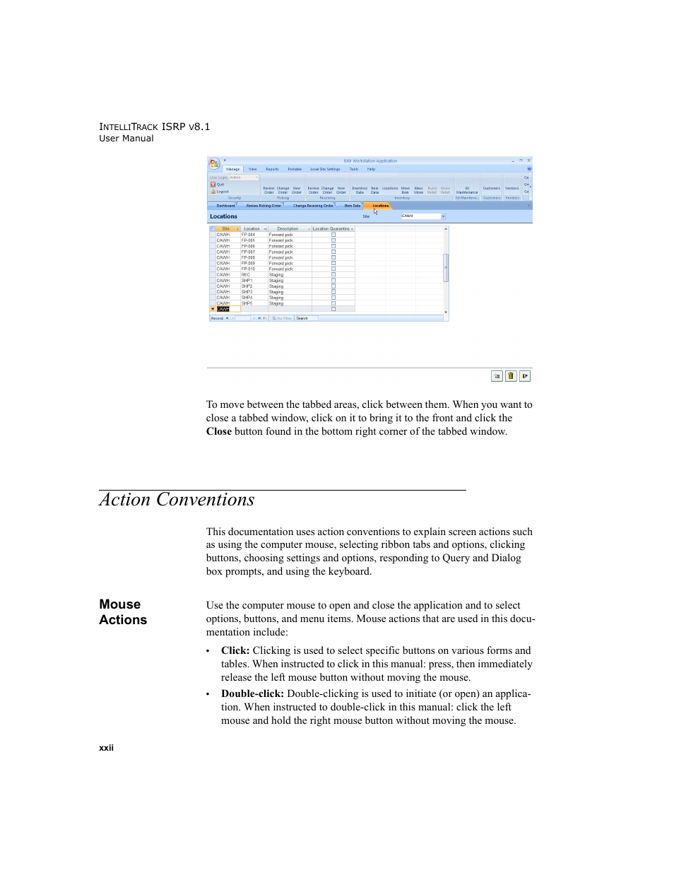 Action conventions, Mouse actions | IntelliTrack Inventory Shipping Receiving Picking (ISRP) User Manual | Page 22 / 398