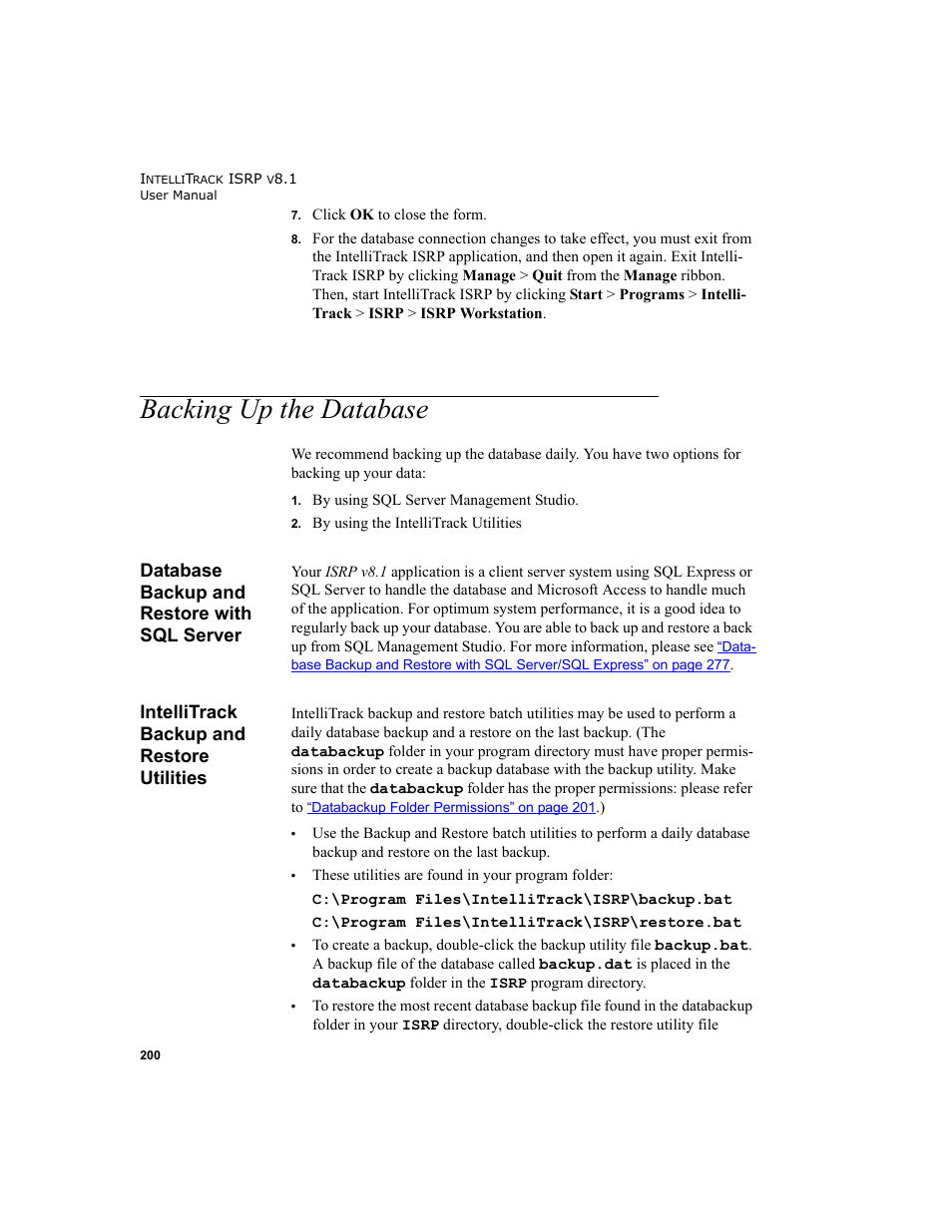 Backing up the database, Database backup and restore with sql server, Intellitrack backup and restore utilities | Ease see, Backing | IntelliTrack Inventory Shipping Receiving Picking (ISRP) User Manual | Page 228 / 398