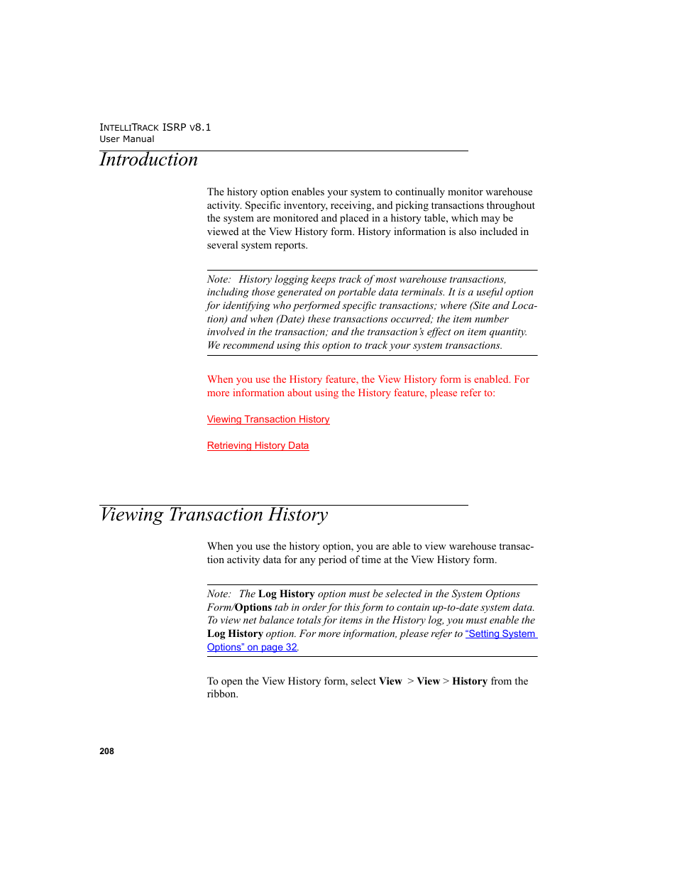 Introduction, Viewing transaction history, Introduction viewing transaction history | IntelliTrack Inventory Shipping Receiving Picking (ISRP) User Manual | Page 236 / 398