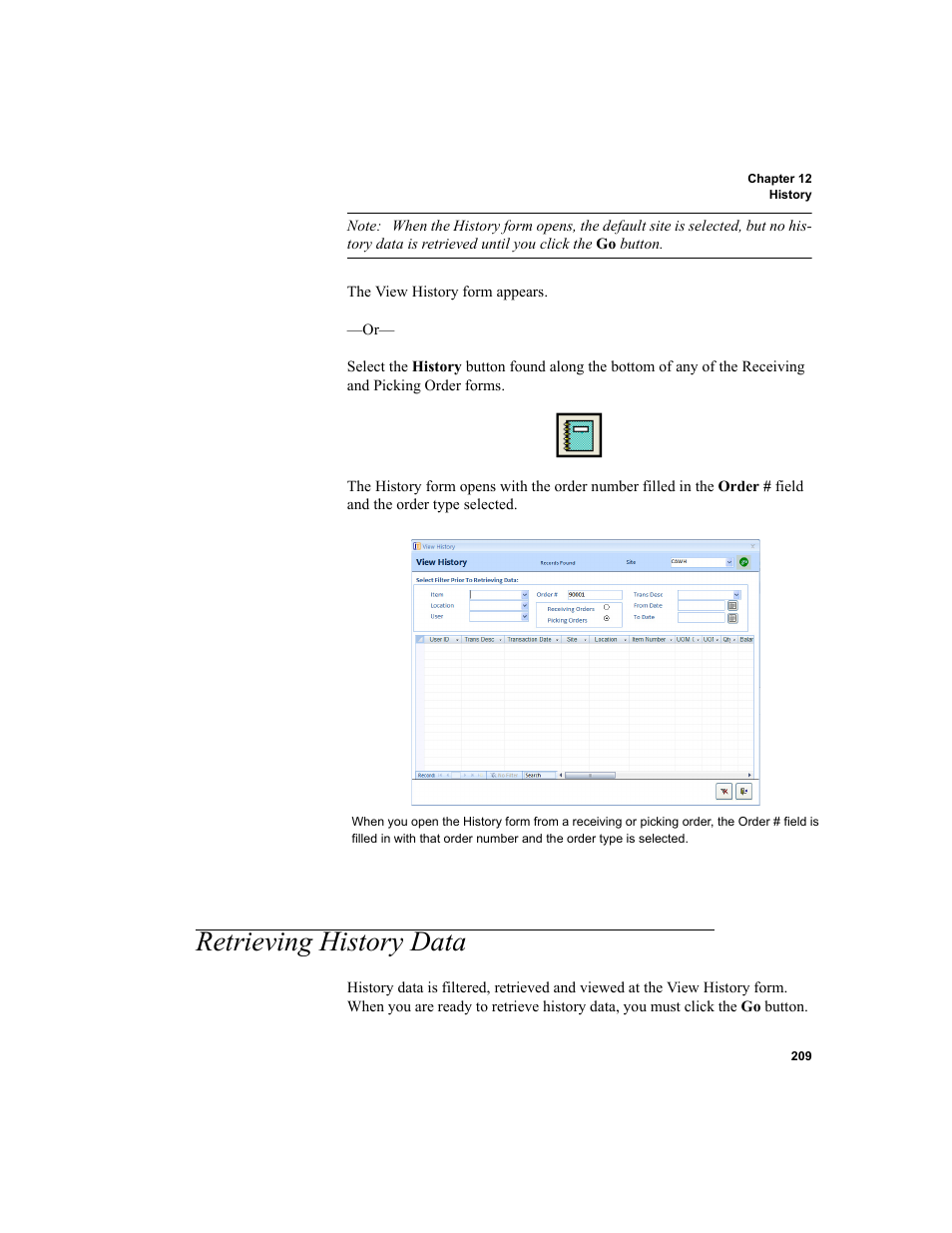 Retrieving history data | IntelliTrack Inventory Shipping Receiving Picking (ISRP) User Manual | Page 237 / 398