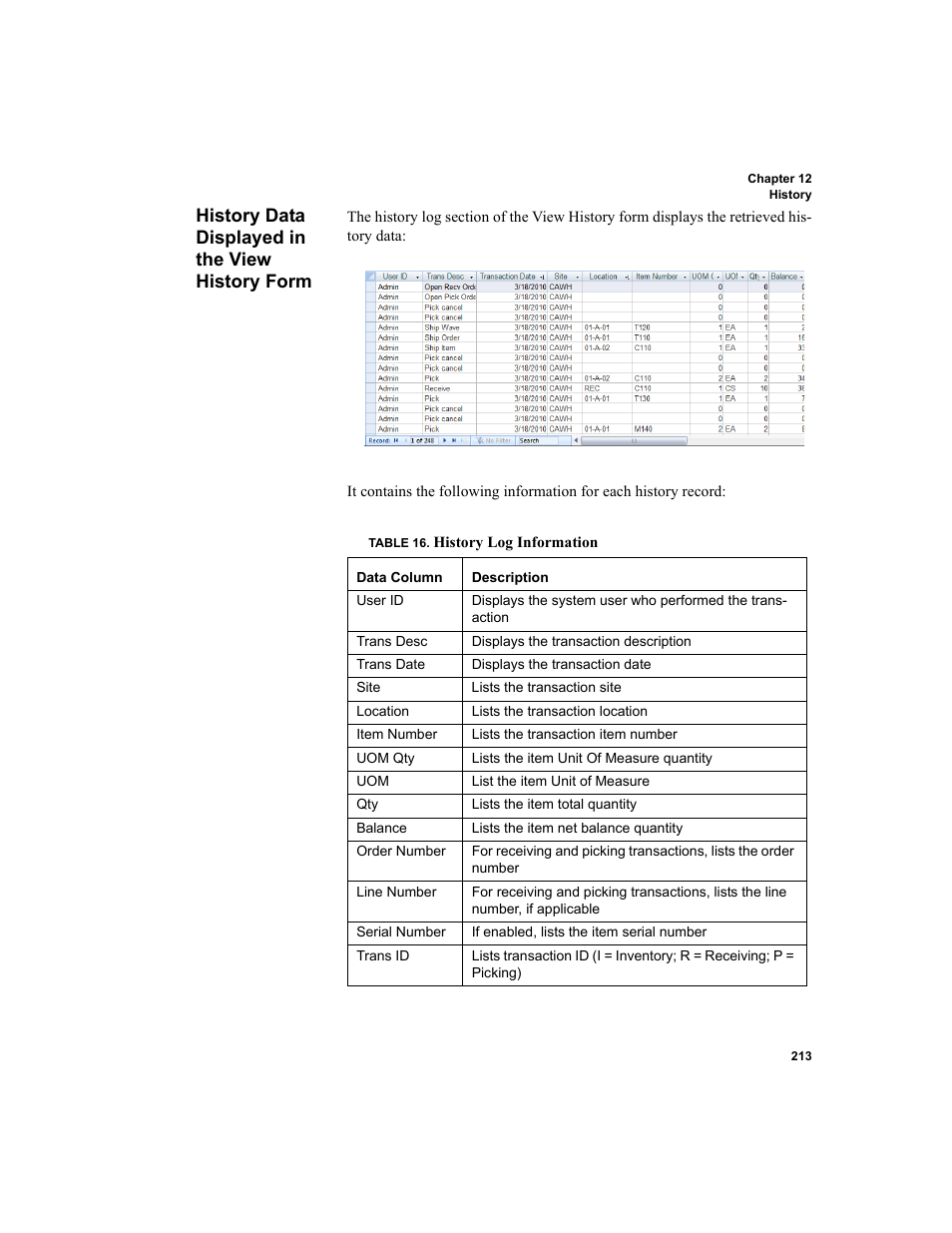 History data displayed in the view history form | IntelliTrack Inventory Shipping Receiving Picking (ISRP) User Manual | Page 241 / 398