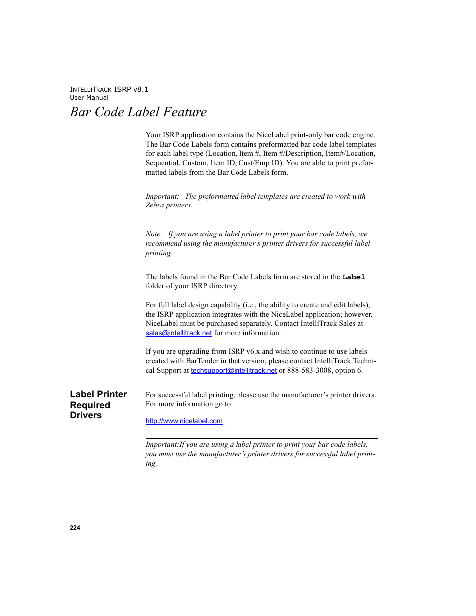 Bar code label feature, Label printer required drivers | IntelliTrack Inventory Shipping Receiving Picking (ISRP) User Manual | Page 252 / 398