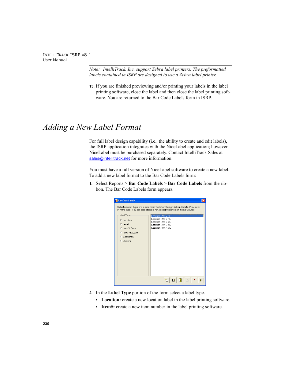 Adding a new label format | IntelliTrack Inventory Shipping Receiving Picking (ISRP) User Manual | Page 258 / 398