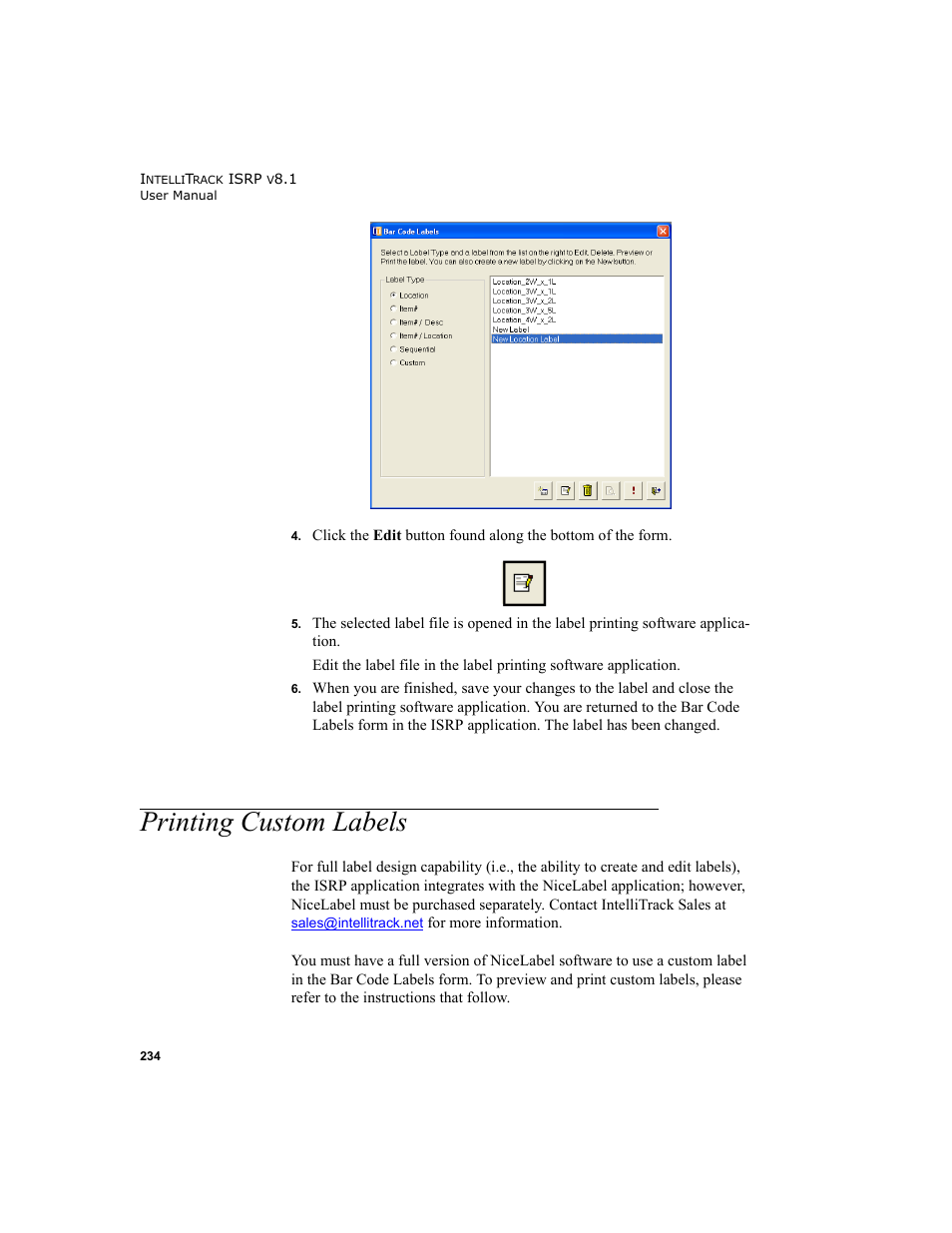 Printing custom labels | IntelliTrack Inventory Shipping Receiving Picking (ISRP) User Manual | Page 262 / 398