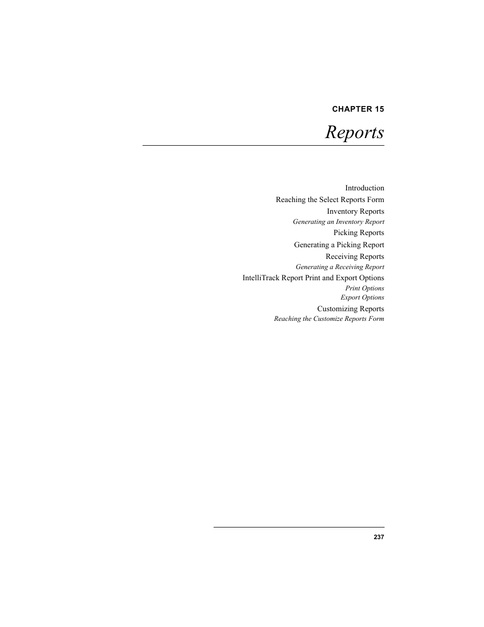 Chapter 15, Reports, Chapter 15: reports | IntelliTrack Inventory Shipping Receiving Picking (ISRP) User Manual | Page 265 / 398