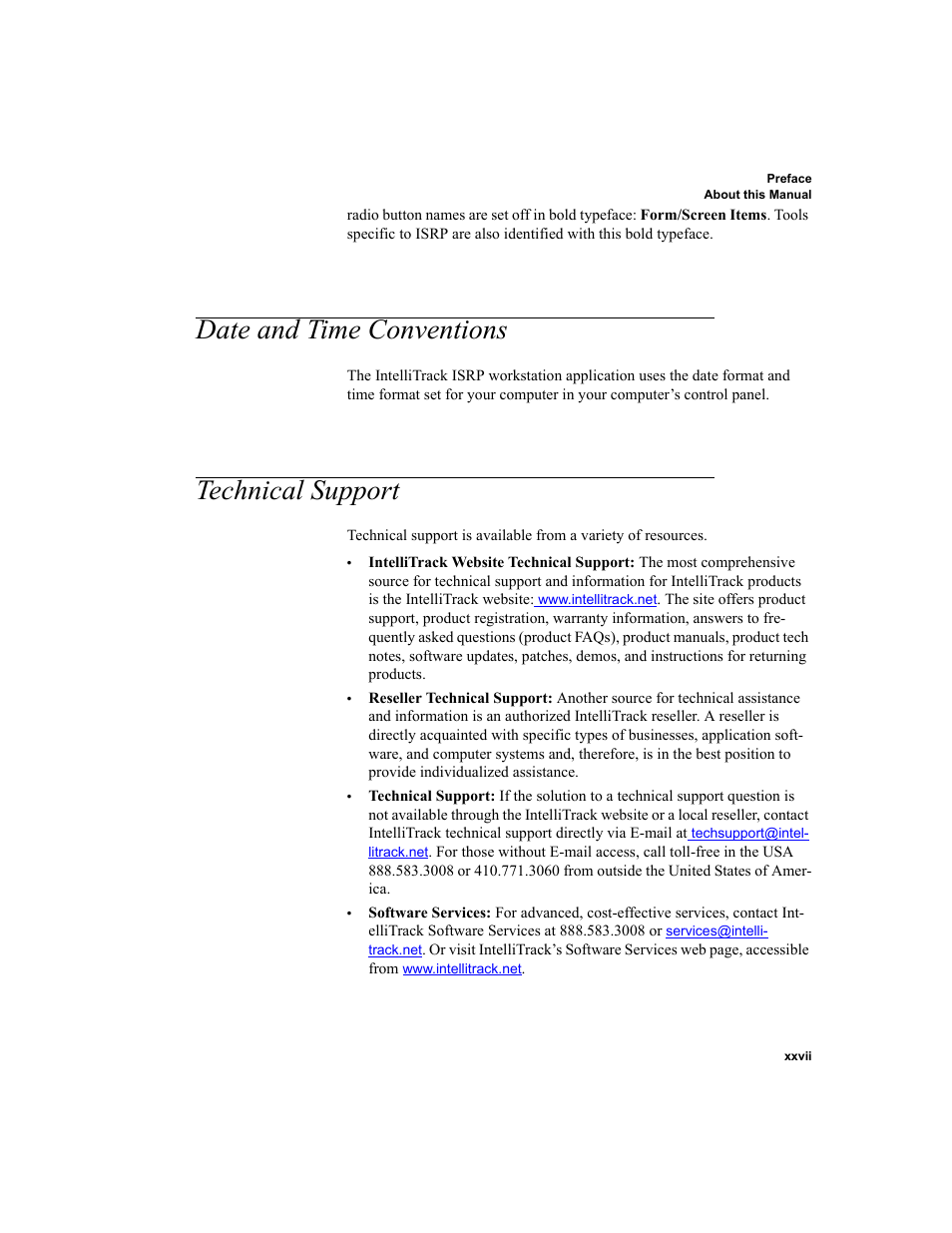 Date and time conventions, Technical support | IntelliTrack Inventory Shipping Receiving Picking (ISRP) User Manual | Page 27 / 398