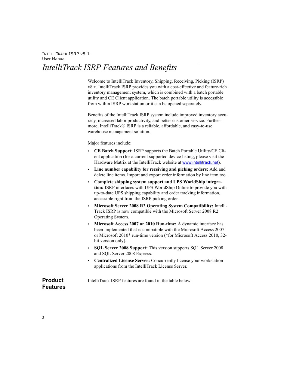 Intellitrack isrp features and benefits, Product features | IntelliTrack Inventory Shipping Receiving Picking (ISRP) User Manual | Page 30 / 398