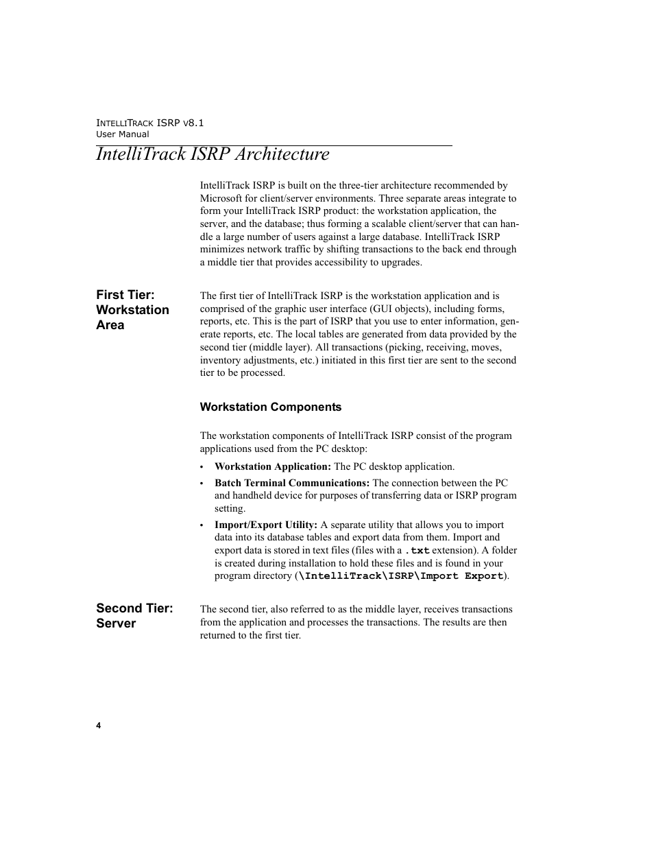 Intellitrack isrp architecture, First tier: workstation area, Second tier: server | Workstation components | IntelliTrack Inventory Shipping Receiving Picking (ISRP) User Manual | Page 32 / 398