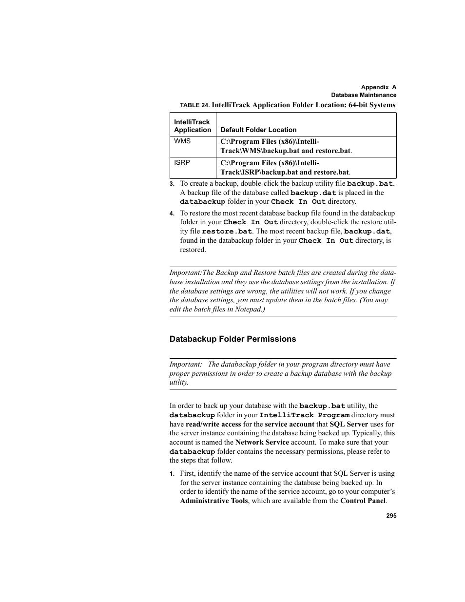 Databackup folder permissions, Databackup folder per | IntelliTrack Inventory Shipping Receiving Picking (ISRP) User Manual | Page 323 / 398