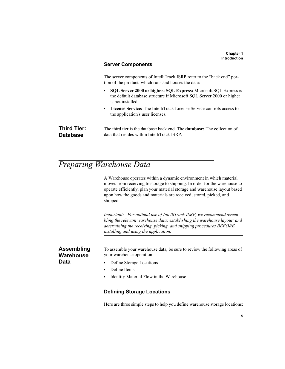Third tier: database, Preparing warehouse data, Assembling warehouse data | Server components, Defining storage locations | IntelliTrack Inventory Shipping Receiving Picking (ISRP) User Manual | Page 33 / 398
