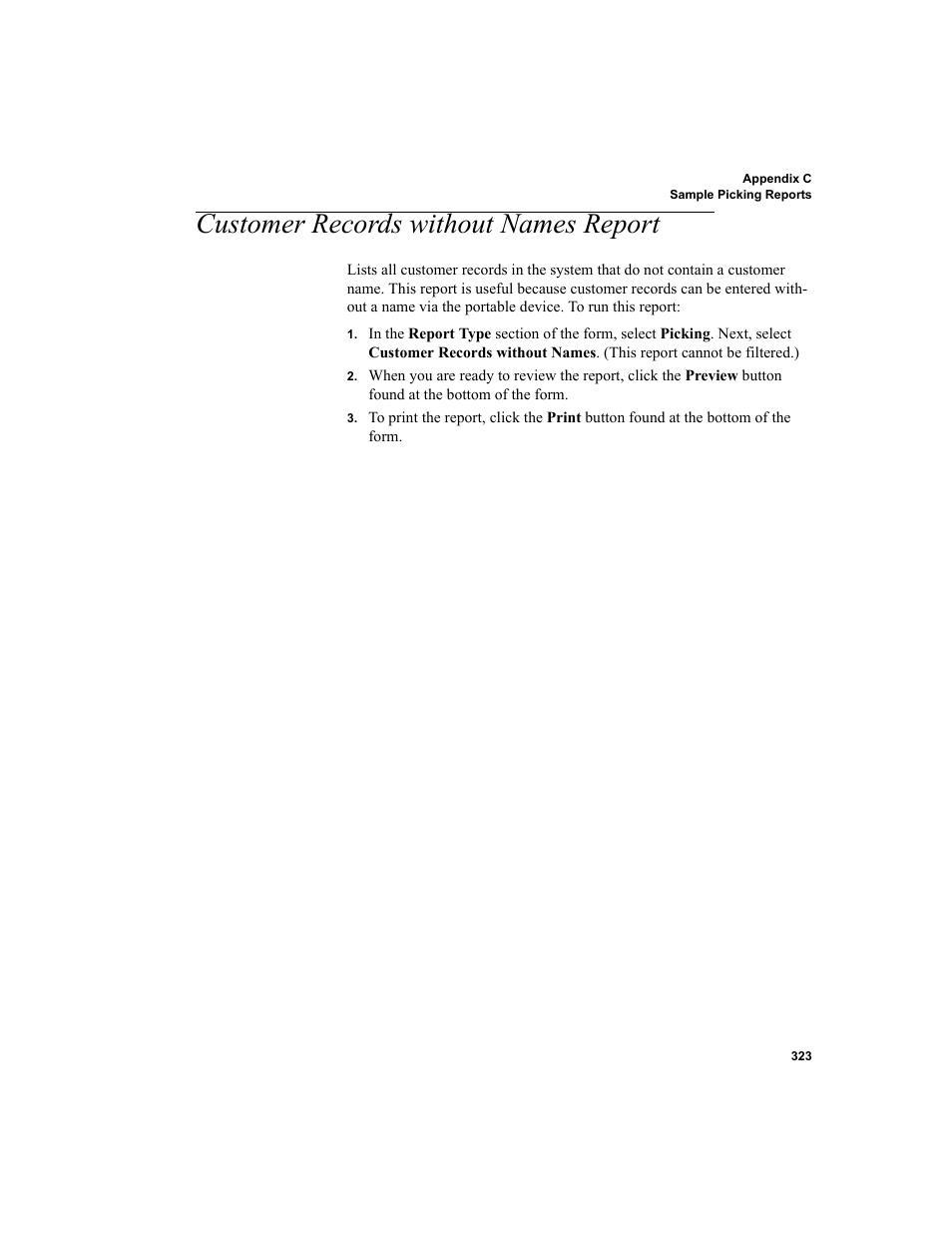 Customer records without names report | IntelliTrack Inventory Shipping Receiving Picking (ISRP) User Manual | Page 351 / 398