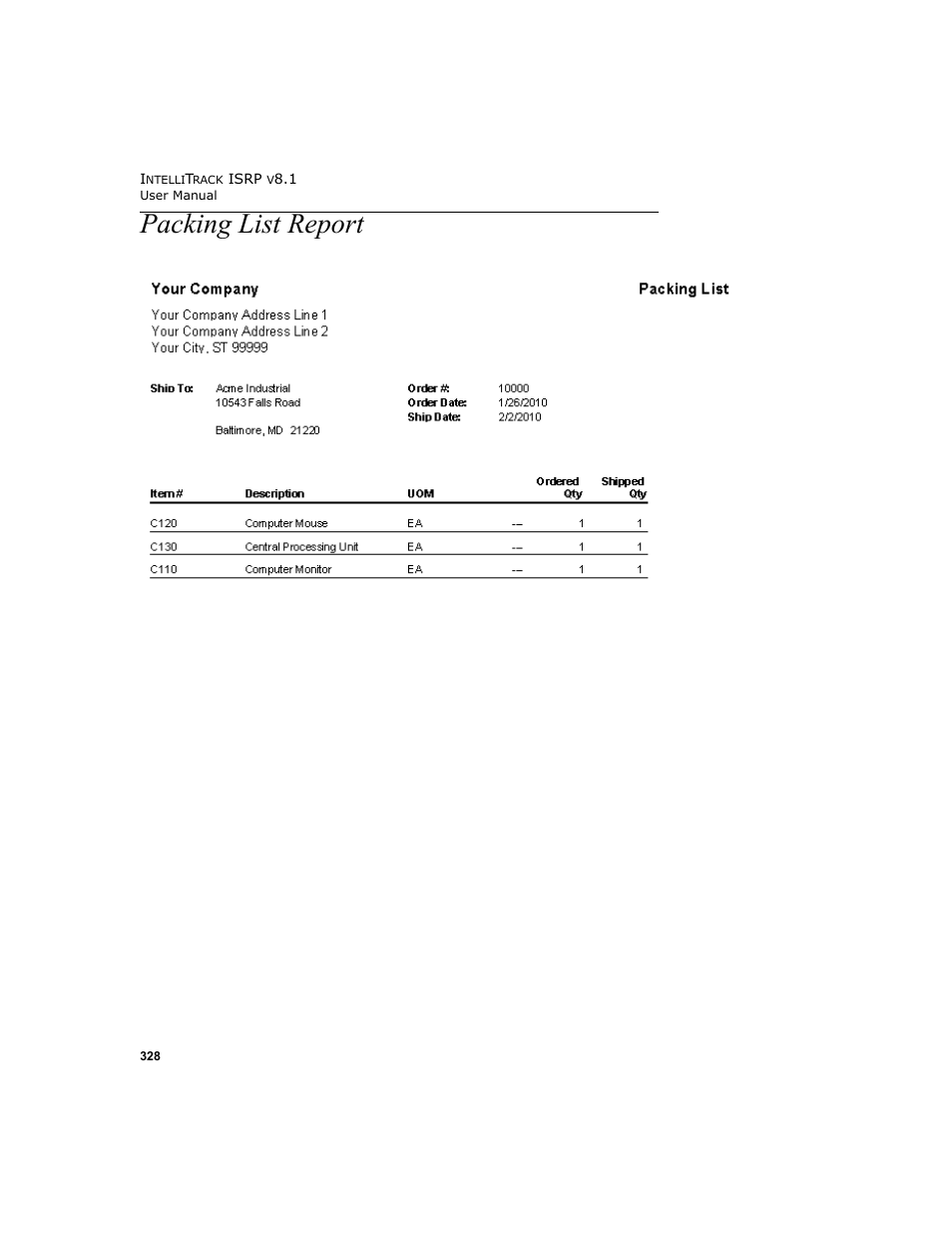 Packing list report | IntelliTrack Inventory Shipping Receiving Picking (ISRP) User Manual | Page 356 / 398