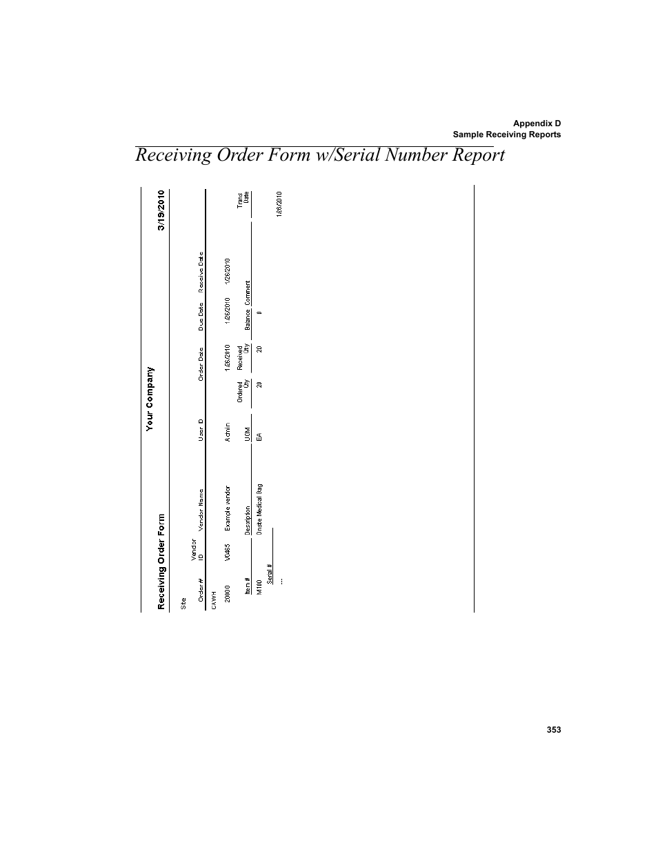 Receiving order form w/serial number report | IntelliTrack Inventory Shipping Receiving Picking (ISRP) User Manual | Page 381 / 398